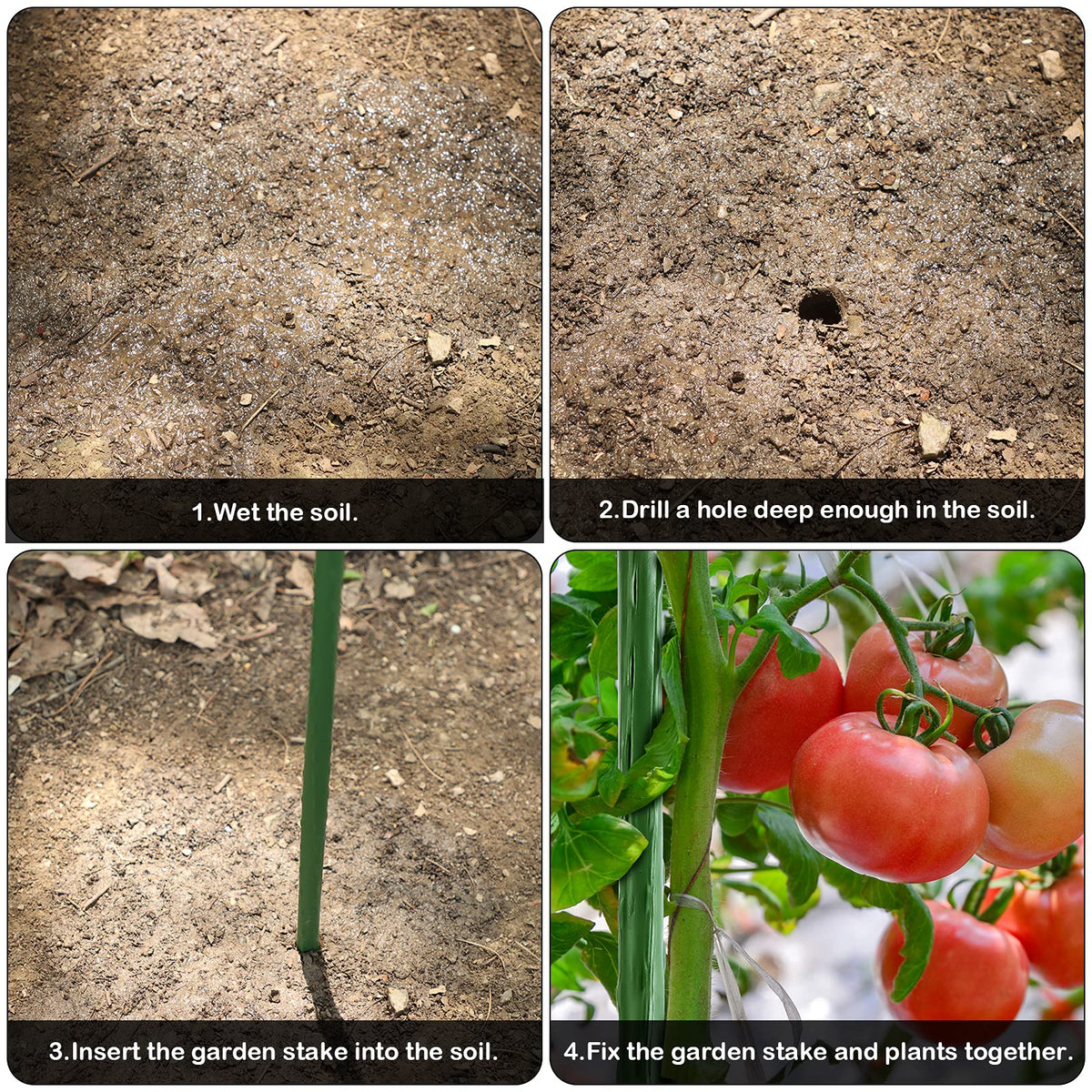 FEED GARDEN easy-installation stake shown being inserted into soil.
