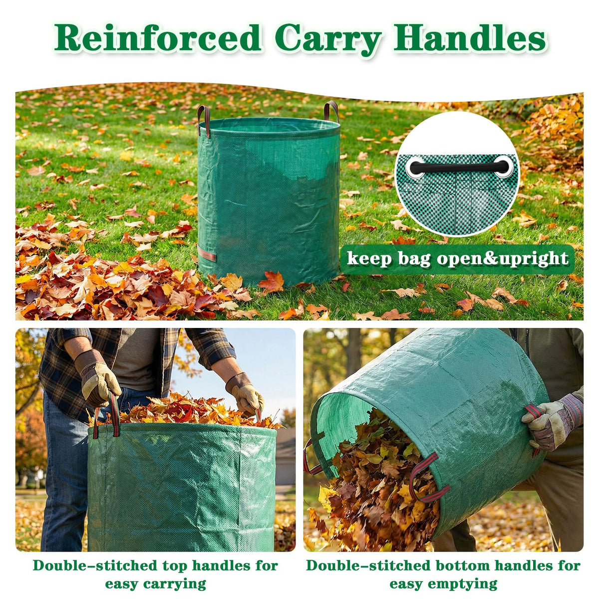 Waterproof, tear-resistant fabric helps FEED GARDEN bags handle damp leaves