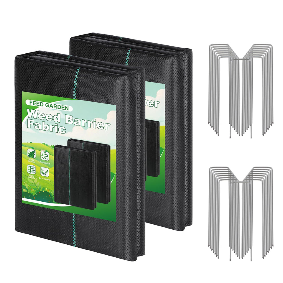 FEED GARDEN weed barrier fabric 4x100 ft blocks weeds while allowing drainage.