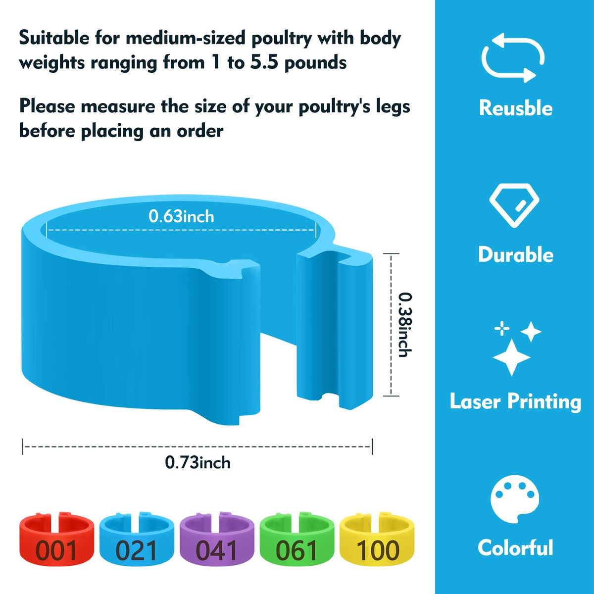Feehope color-coded leg bands to sort breeds and ages at a glance.