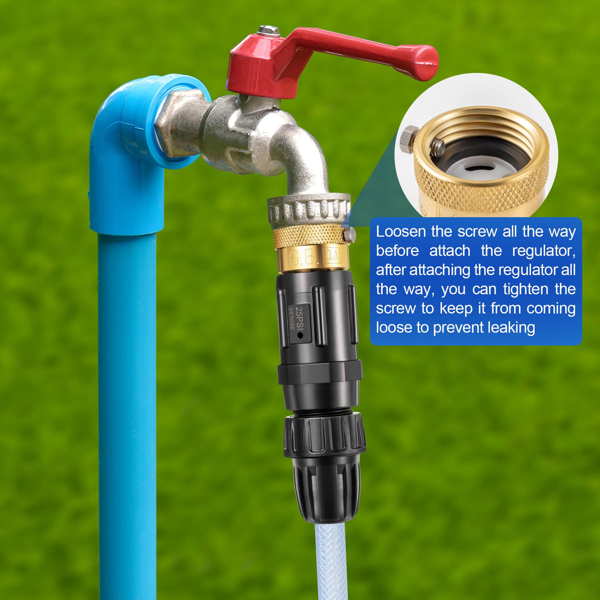 Feekoon 25 PSI pressure regulator ensures consistent garden irrigation pressure.
