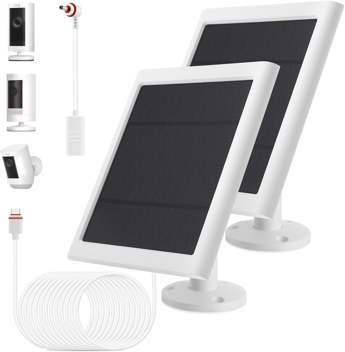 Fehuatenda IP65 solar panel mounted on exterior wall powering Ring cameras in all weather.