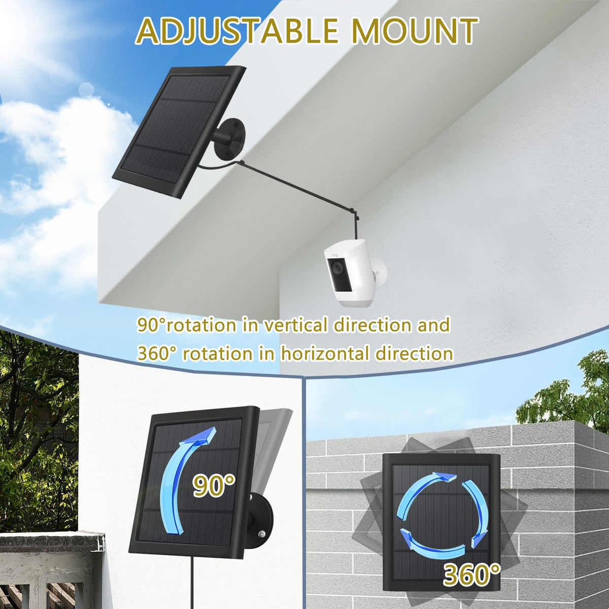 Fehuatenda Ring Spotlight Cam solar bracket offers 360-degree adjustment for flexible placement.
