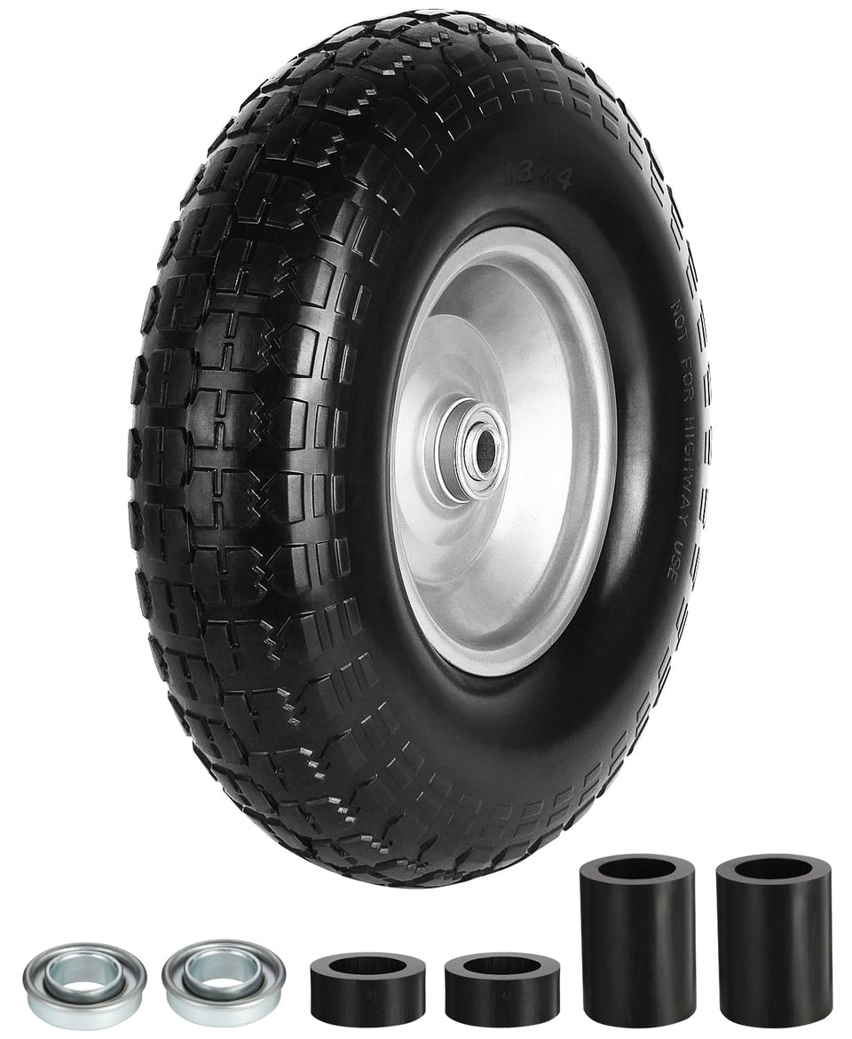 FEILOONG 13-inch flat-free tire close-up highlights puncture-proof foam for garden tasks.