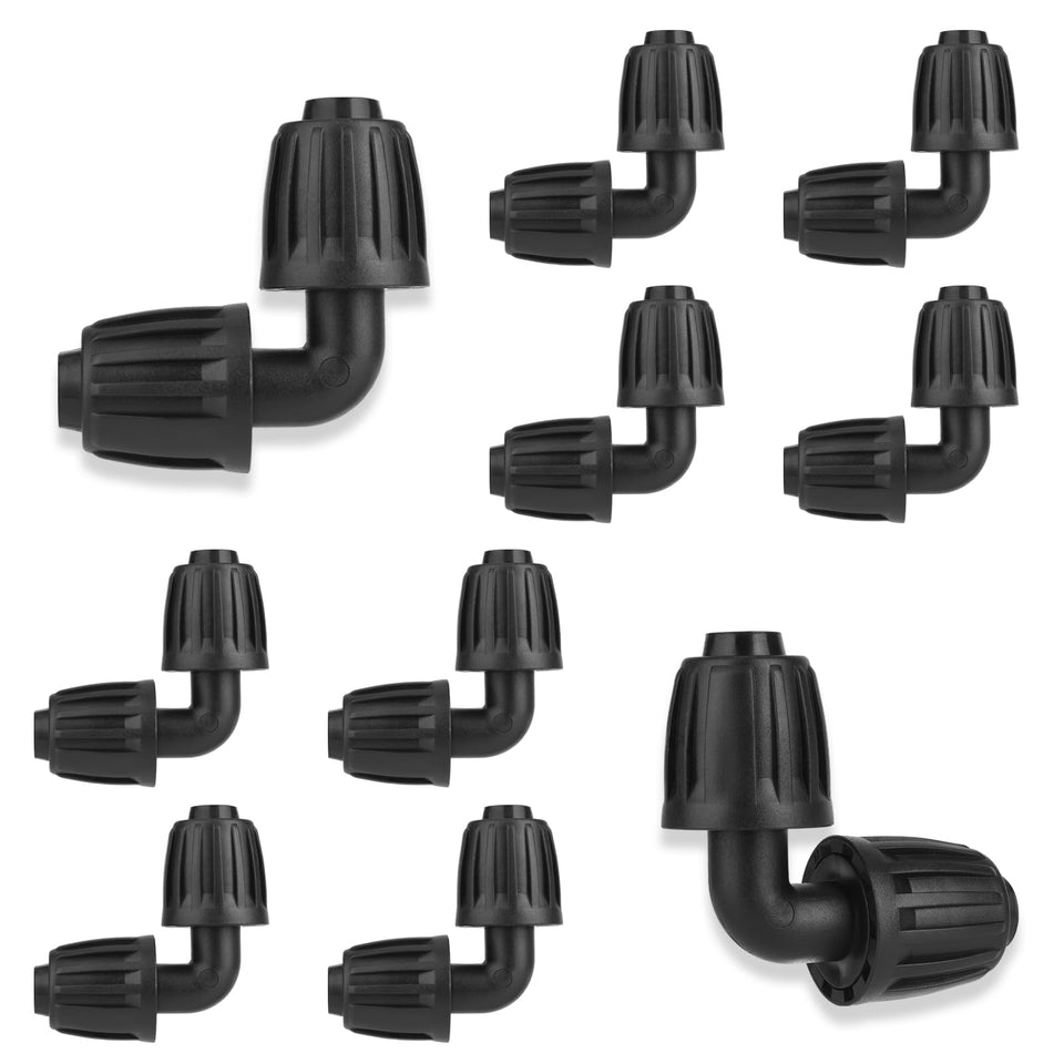 FeimiChen half-inch drip elbow connectors in a 10-pack simplify garden irrigation setup.