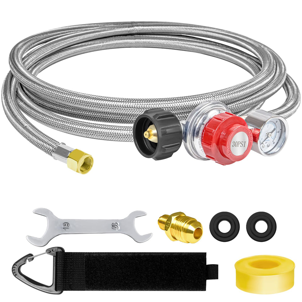 Feirenql propane regulator 12ft hose enables flexible outdoor grilling setup.