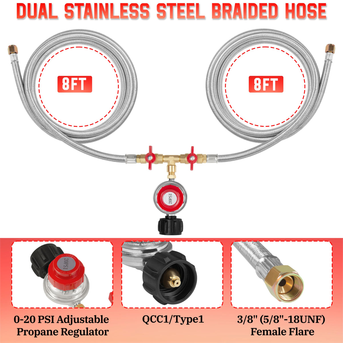 Feirenql y-splitter propane hose connects two burners outdoors