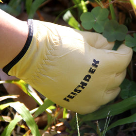 FEISHDEK kids leather gardening gloves palm close-up, anti-slip grip for precise handling