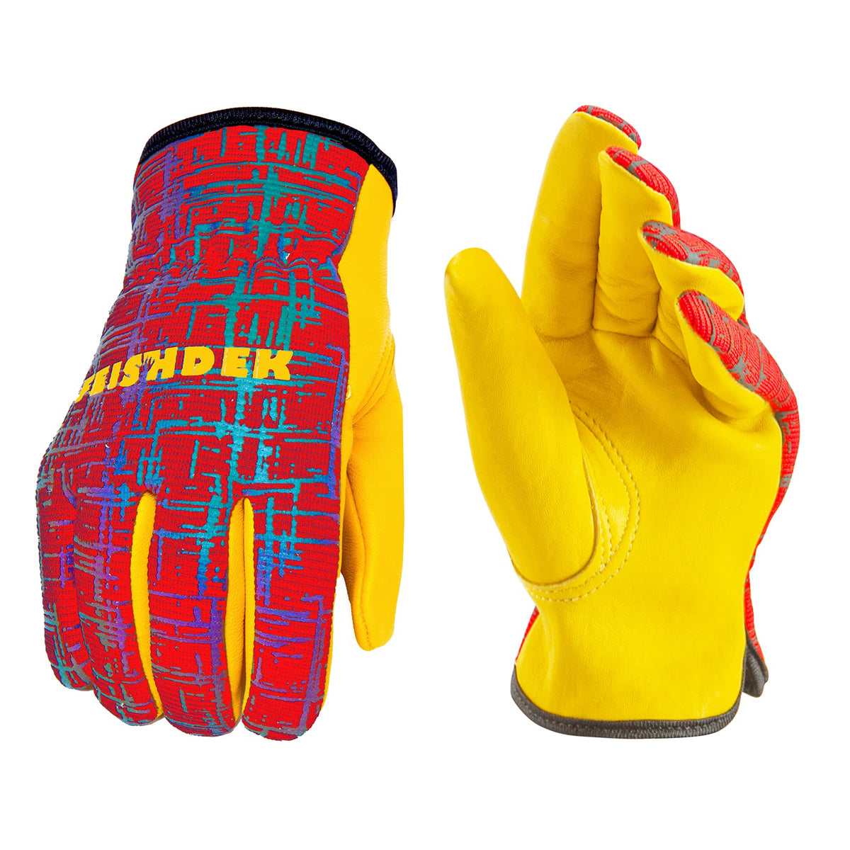 FEISHDEK kids leather work gloves back view with breathable fabric