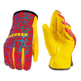 FEISHDEK kids leather work gloves back view with breathable fabric