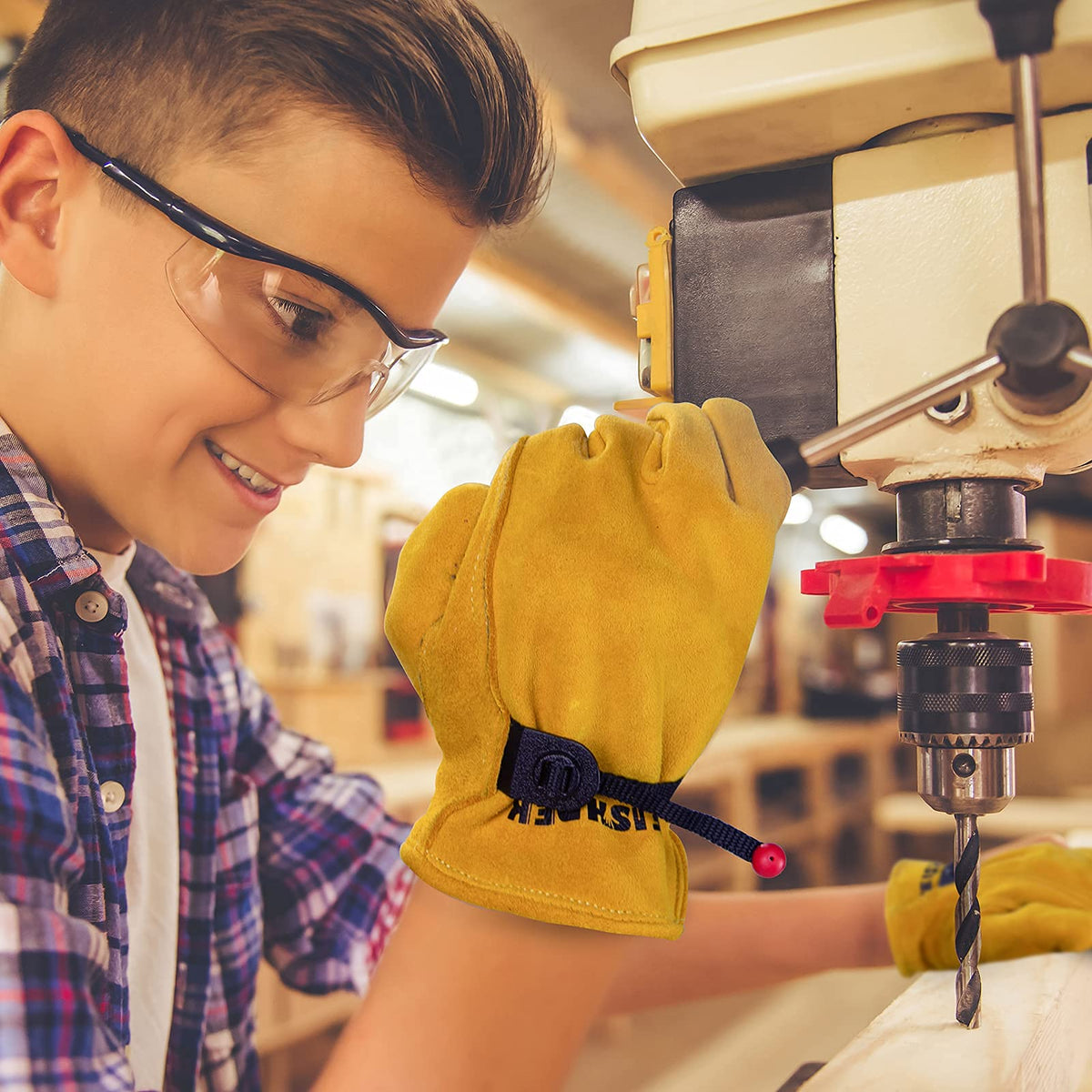FEISHDEK Kids Work Gloves anti-slip suede surface for secure tool handling.