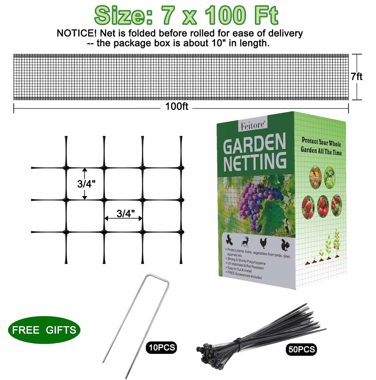 Feitore installation nails and cable ties ensure quick, secure setup.