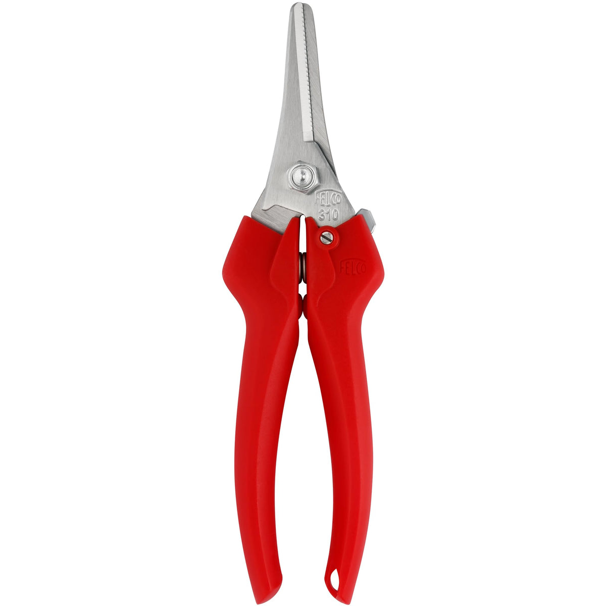 Felco F310 pruning snips with slender cutting head for precise trimming and clean harvests.