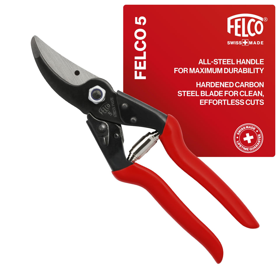 FELCO F5 pruning shears with heavy-duty steel handles for powerful cuts.
