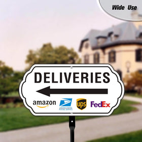 Felexdo Deliveries Sign placed in driveway area guides packages accurately.