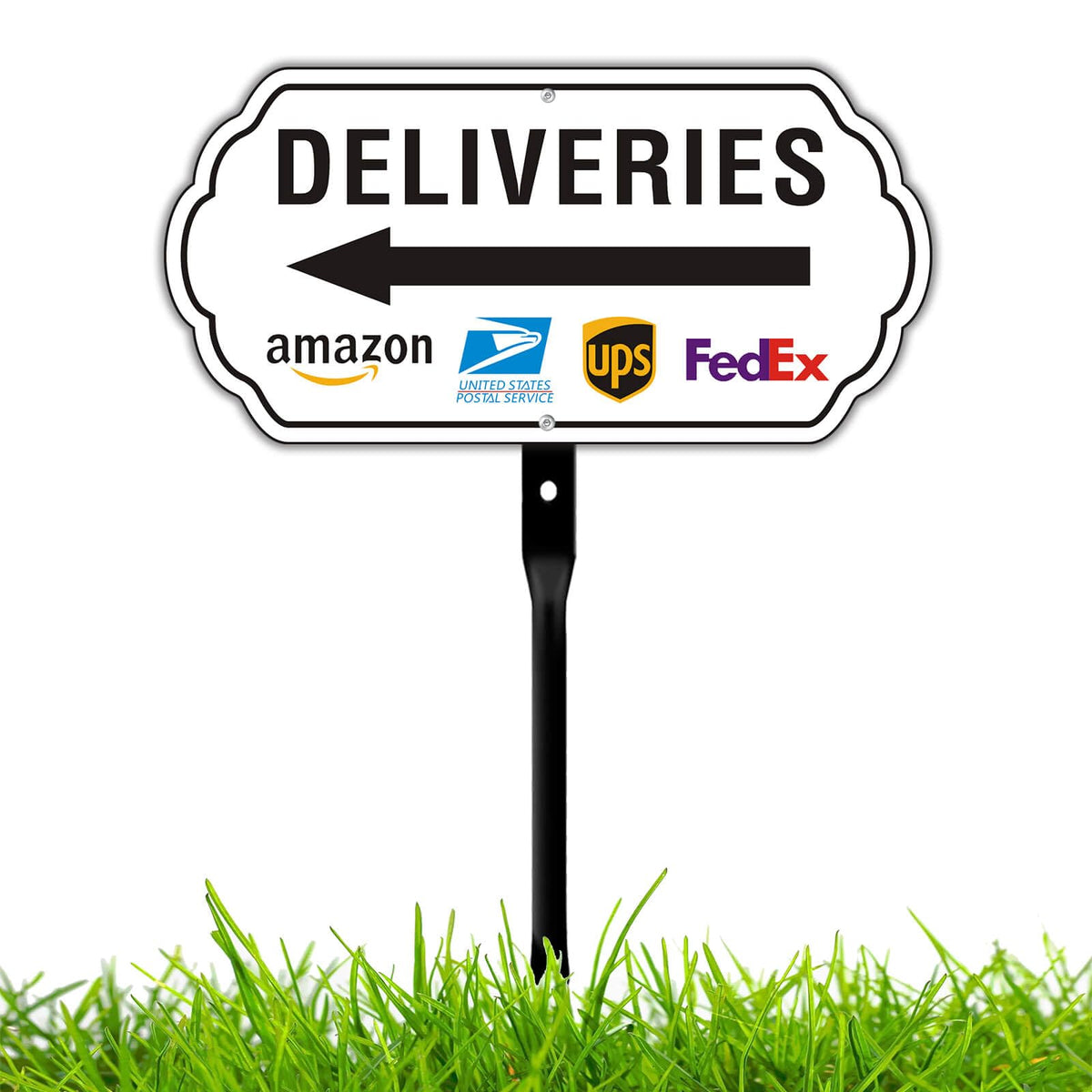Felexdo Deliveries Sign with left arrow improves drop-off clarity from a distance.