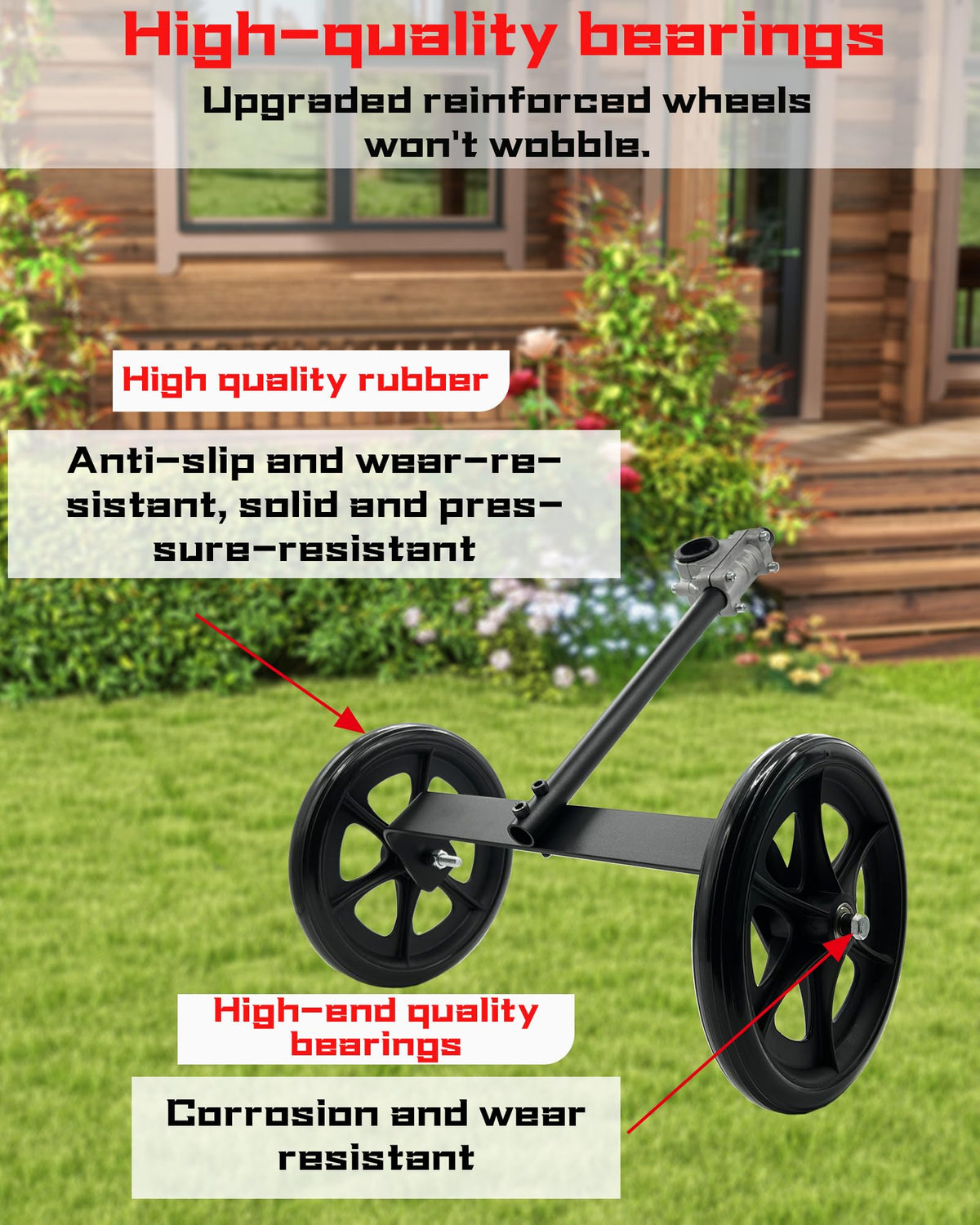 FellDen trimmer wheel shows a 14-inch wide base improving stability during edging