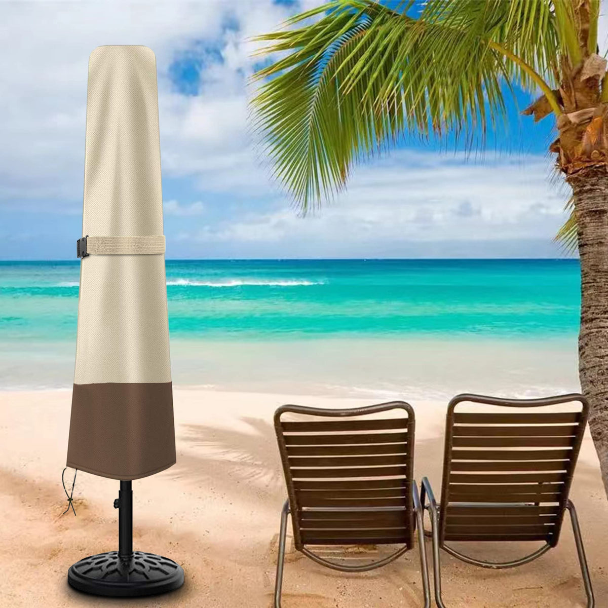 Femuar beige brown color umbrella cover blends with outdoor decor for a cohesive look.