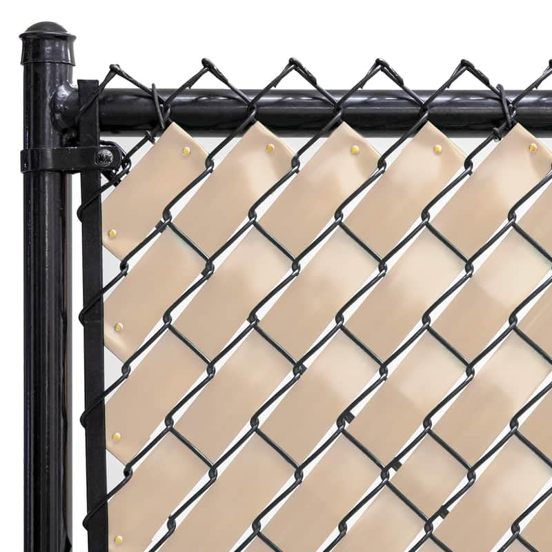 Fenpro chain-link privacy tape Desert Tan on a garden fence providing privacy