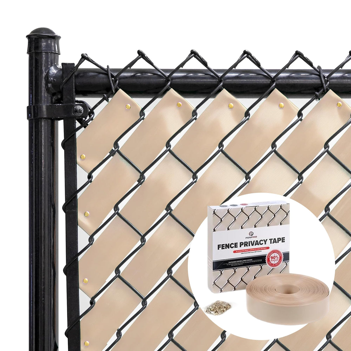 Fenpro easy-install privacy tape Desert Tan shown on a typical chain-link fence