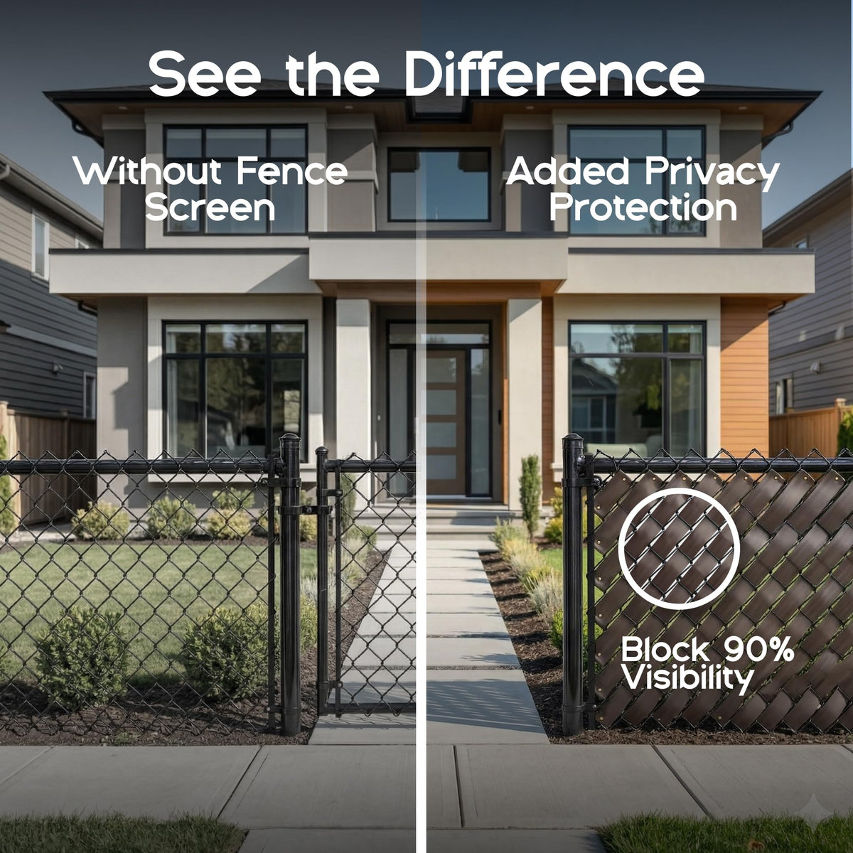 Fenpro outdoor fence cover Desert Tan hides views while allowing airflow