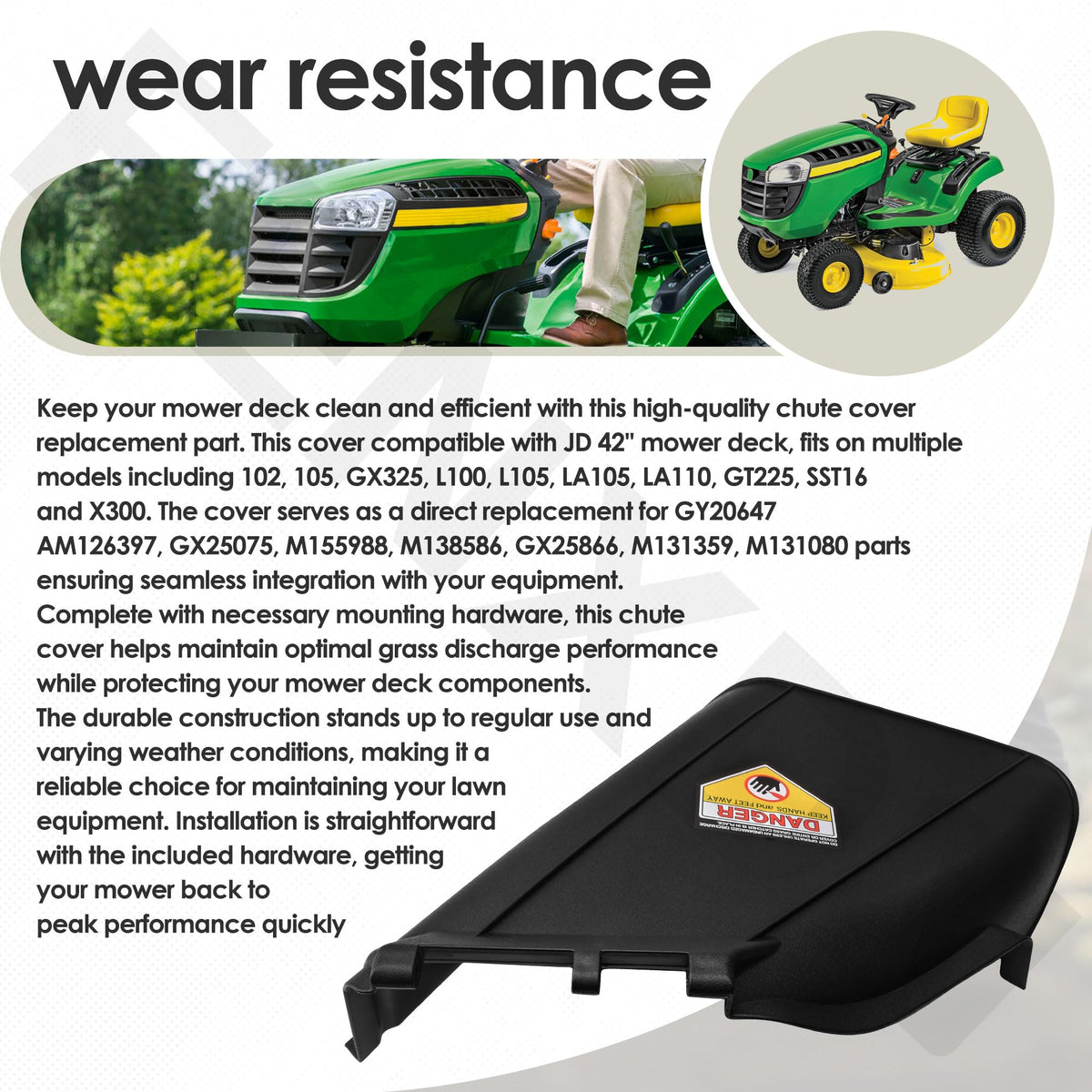 FENXDN chute cover installed on a JD mower deck shows clean discharge protection.