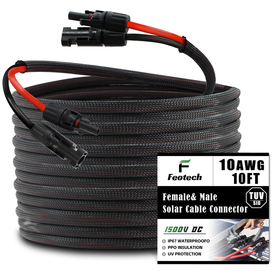 Feotech Twin Wire 10FT extension cable for solar panels, durable outdoor use.