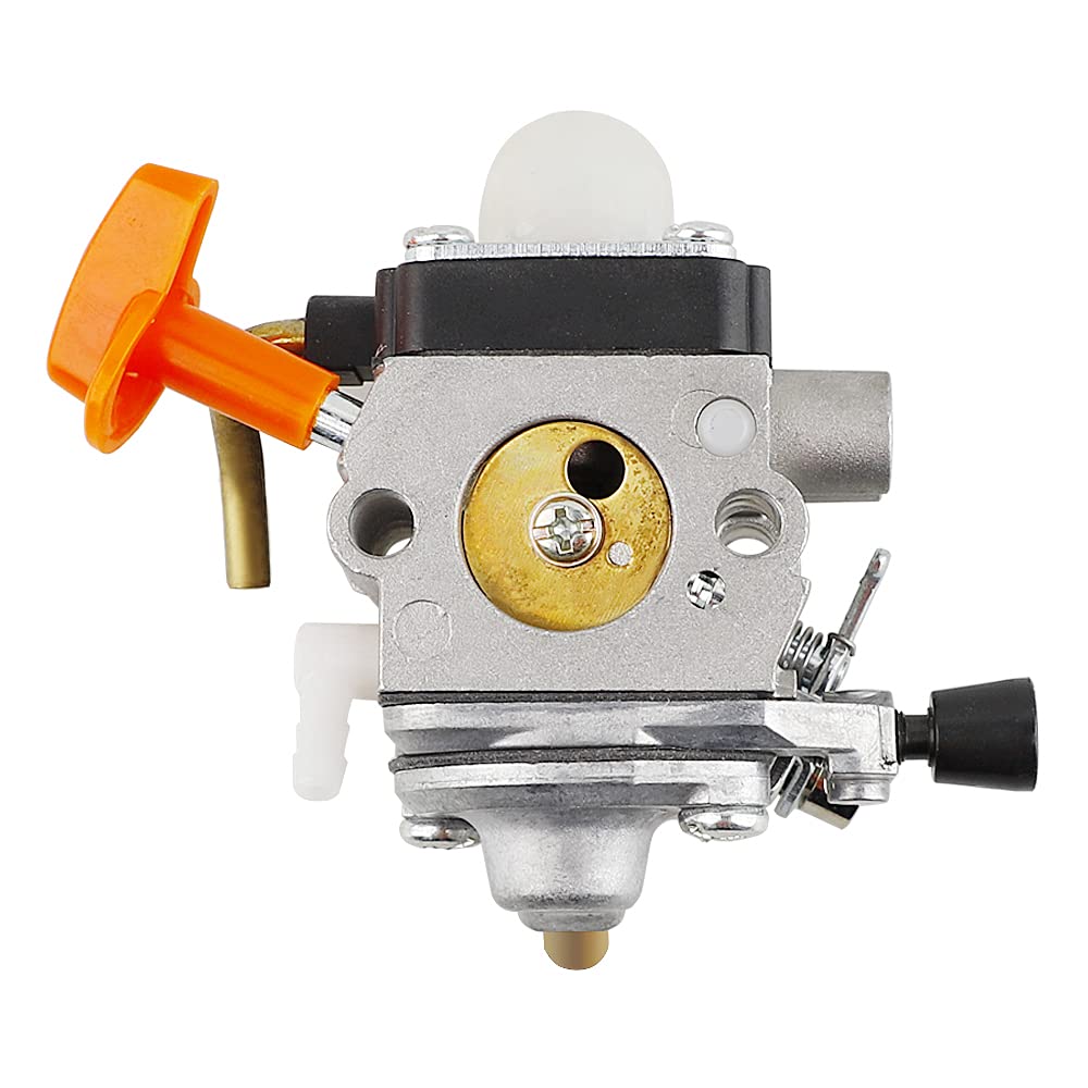Ferilter STIHL FS110R carburetor close shot, supports easy maintenance and reliable throttle response.