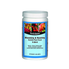 Ferti-Lome Blooming and Rooting Soluble Plant Food bottle supports vigorous blooms and strong roots.