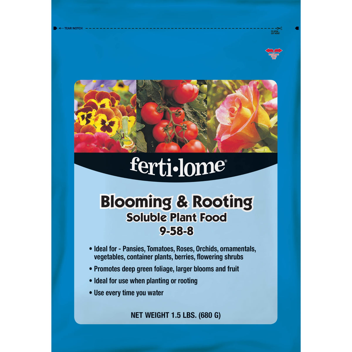Ferti-Lome Blooming & Rooting fertilizer bottle applied to flowering shrubs for lush growth.