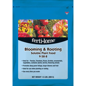Ferti-Lome Blooming & Rooting fertilizer bottle applied to flowering shrubs for lush growth.
