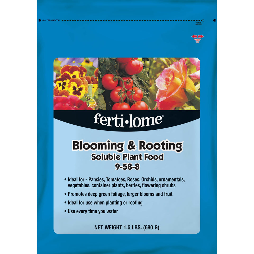 Ferti-Lome Blooming & Rooting fertilizer bottle applied to flowering shrubs for lush growth.