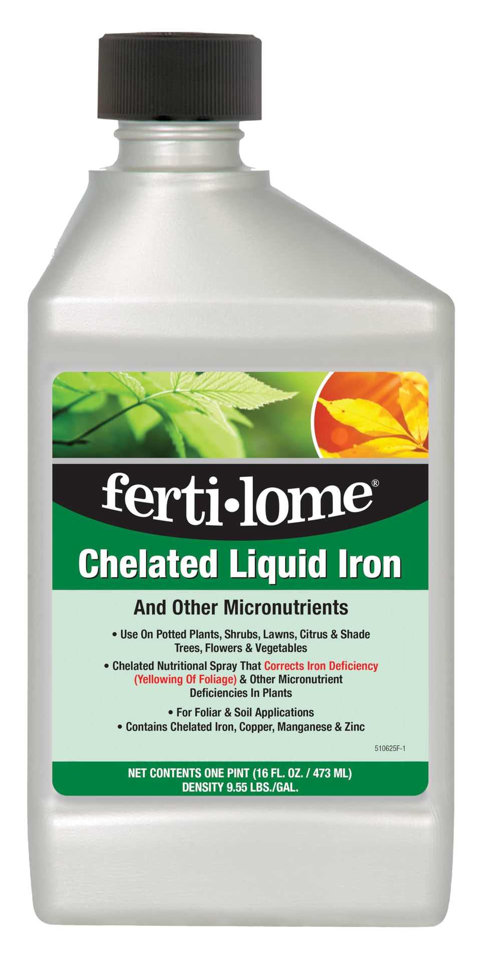 Ferti-lome chelated liquid iron 16 oz bottle improves leaf color and plant vitality.