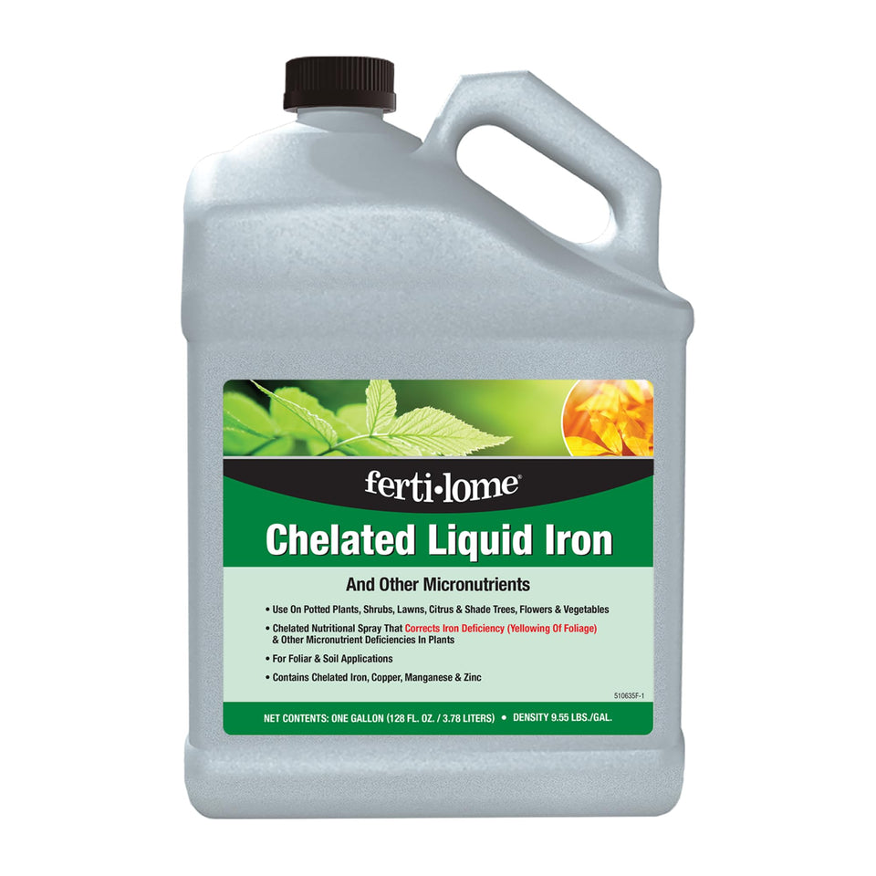Ferti-lome chelated liquid iron bottle for quick foliar spray to enhance foliage color.