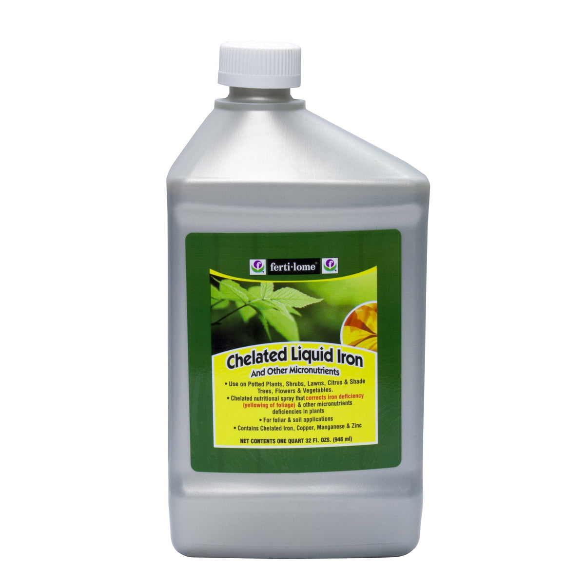 Ferti-Lome chelated liquid iron bottle enhances plant iron intake and color.