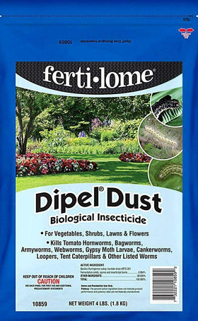 Ferti-lome Dipel Dust packaging shows ready-to-use 4 lb bag for garden pest control.
