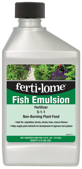 Ferti-lome fish emulsion bottle pour supports lush foliage growth