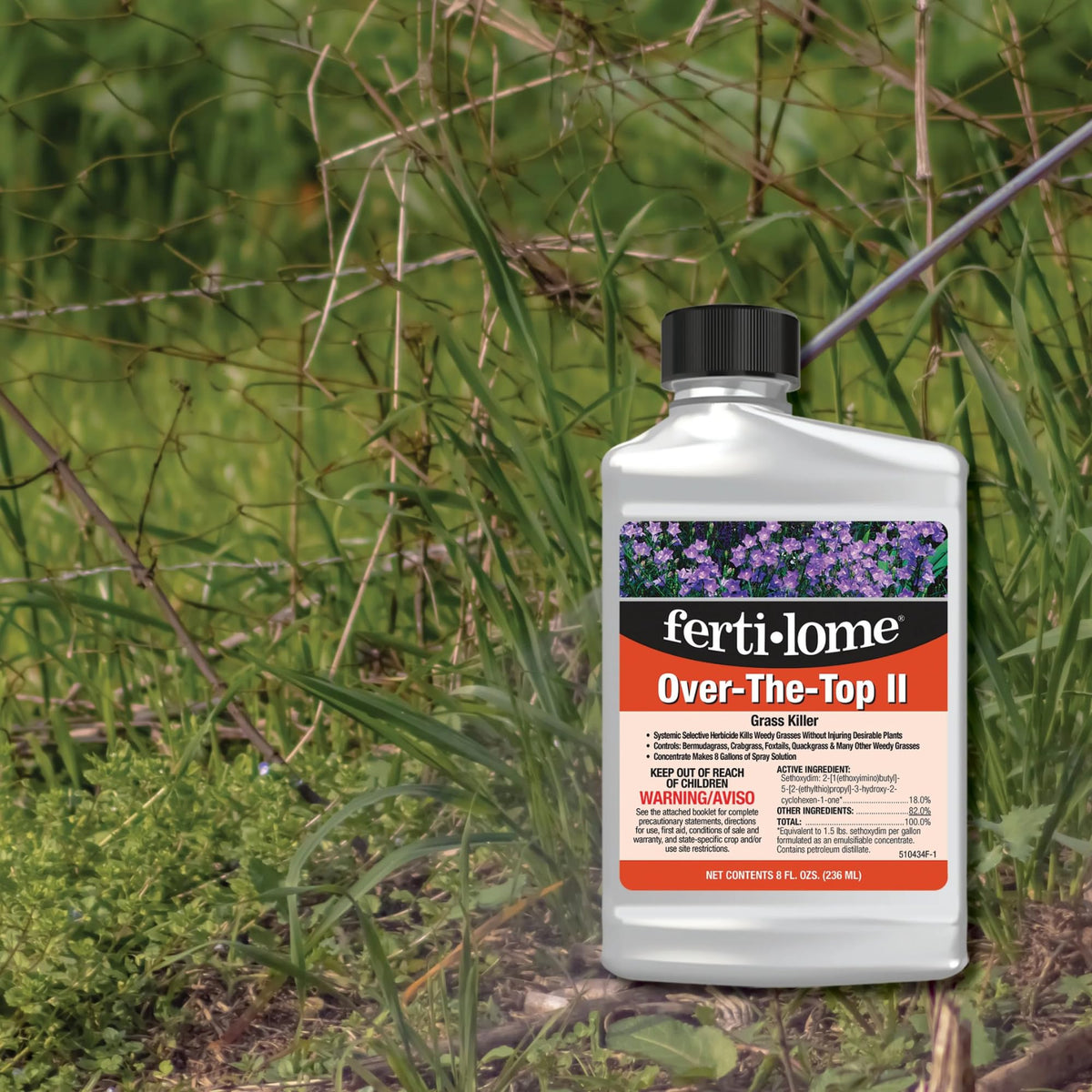 Spray application of Fertilome grass killer demonstrates easy weed treatment along a lawn