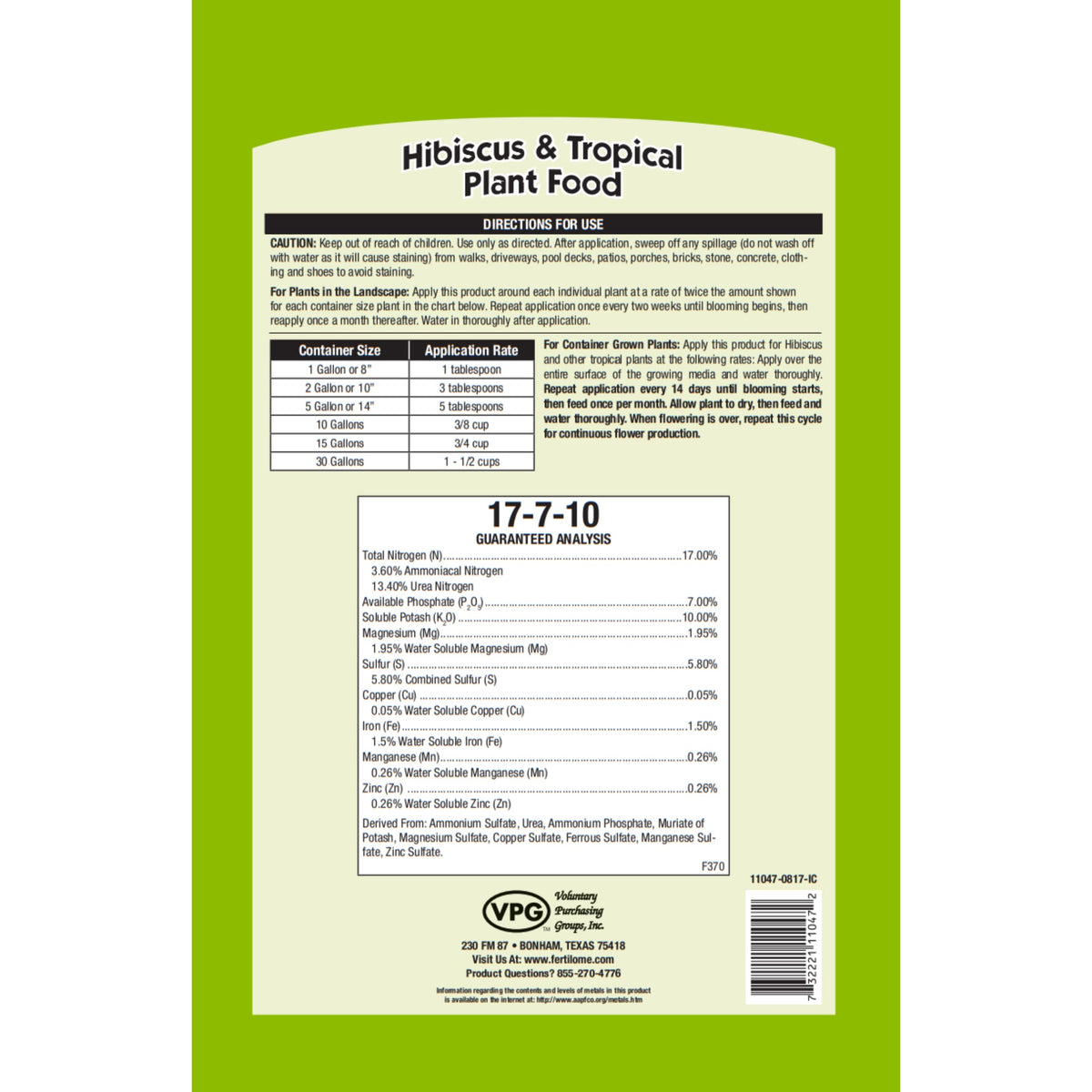 Ferti-Lome hibiscus fertilizer for tropical plants enhances color and growth.