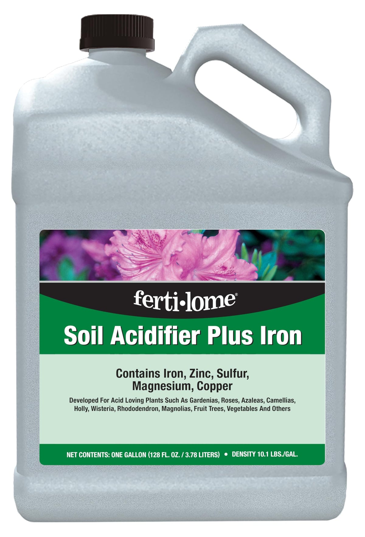 Ferti-lome Soil Acidifier Plus Iron bottle pour supports acid-loving plants like roses.