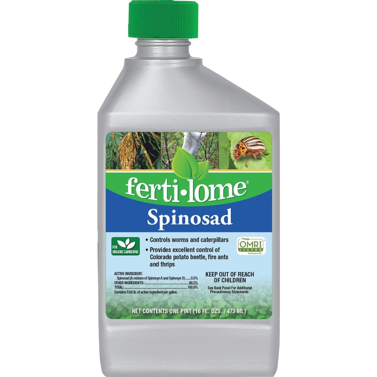 Ferti-lome Spinosad insecticide bottle for outdoor pest control of bagworms and caterpillars.