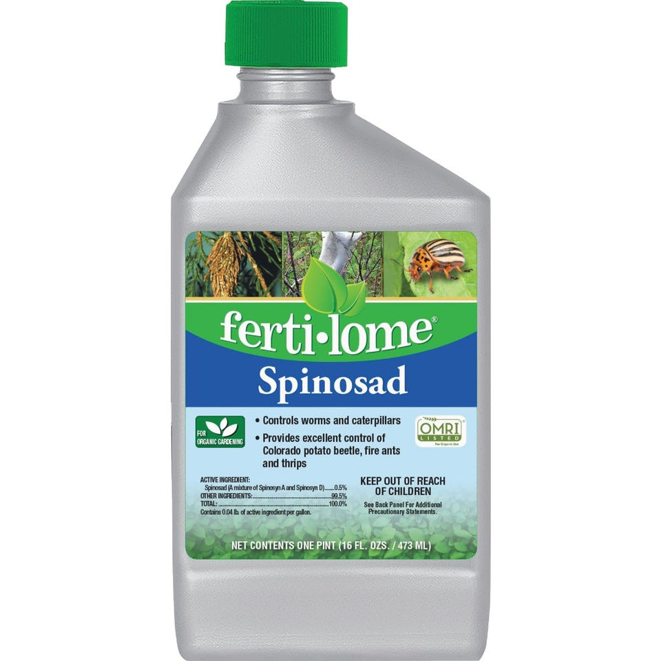 Ferti-lome Spinosad insecticide bottle for outdoor pest control of bagworms and caterpillars.
