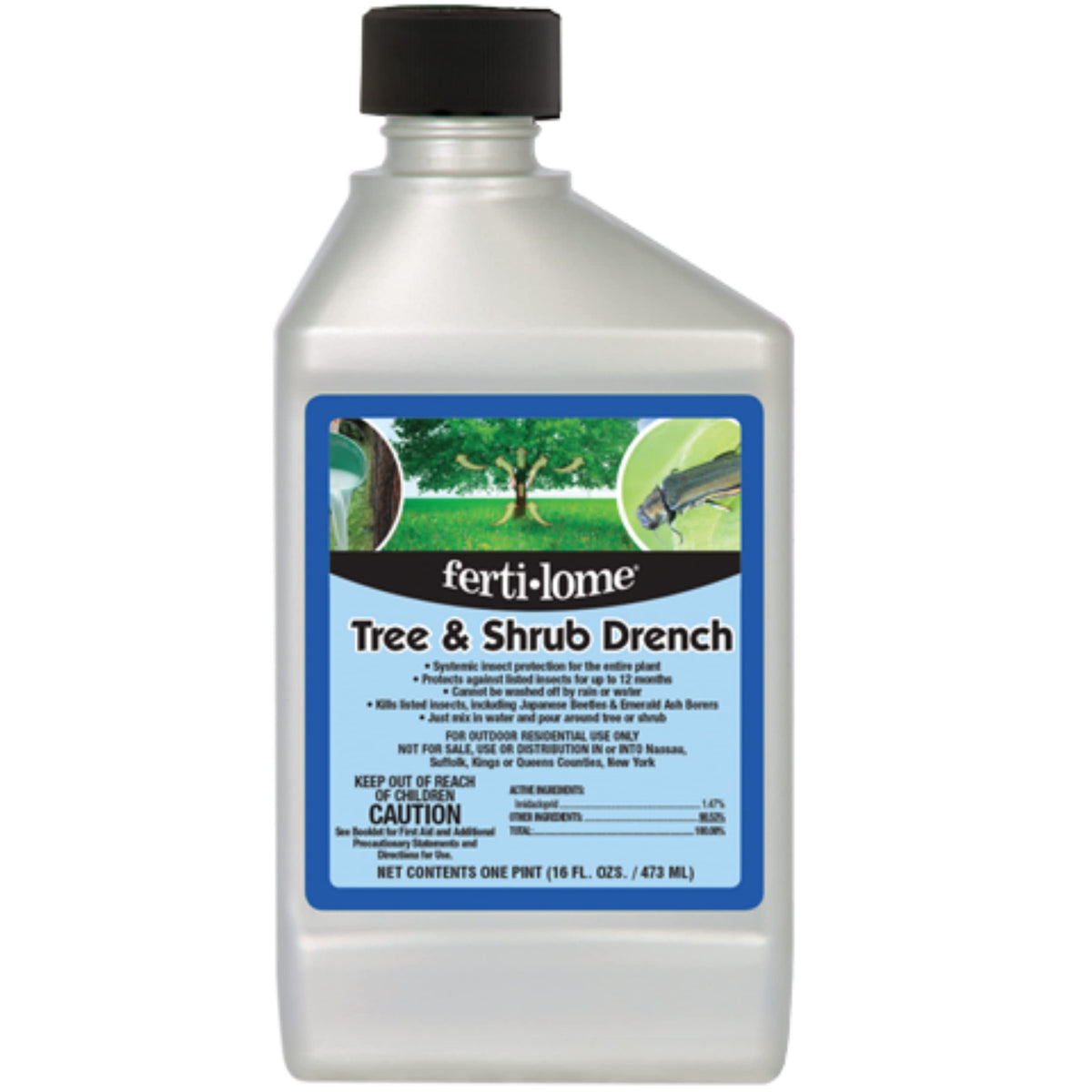Ferti-lome tree-shrub-drench bottle shown for protecting outdoor trees and shrubs.