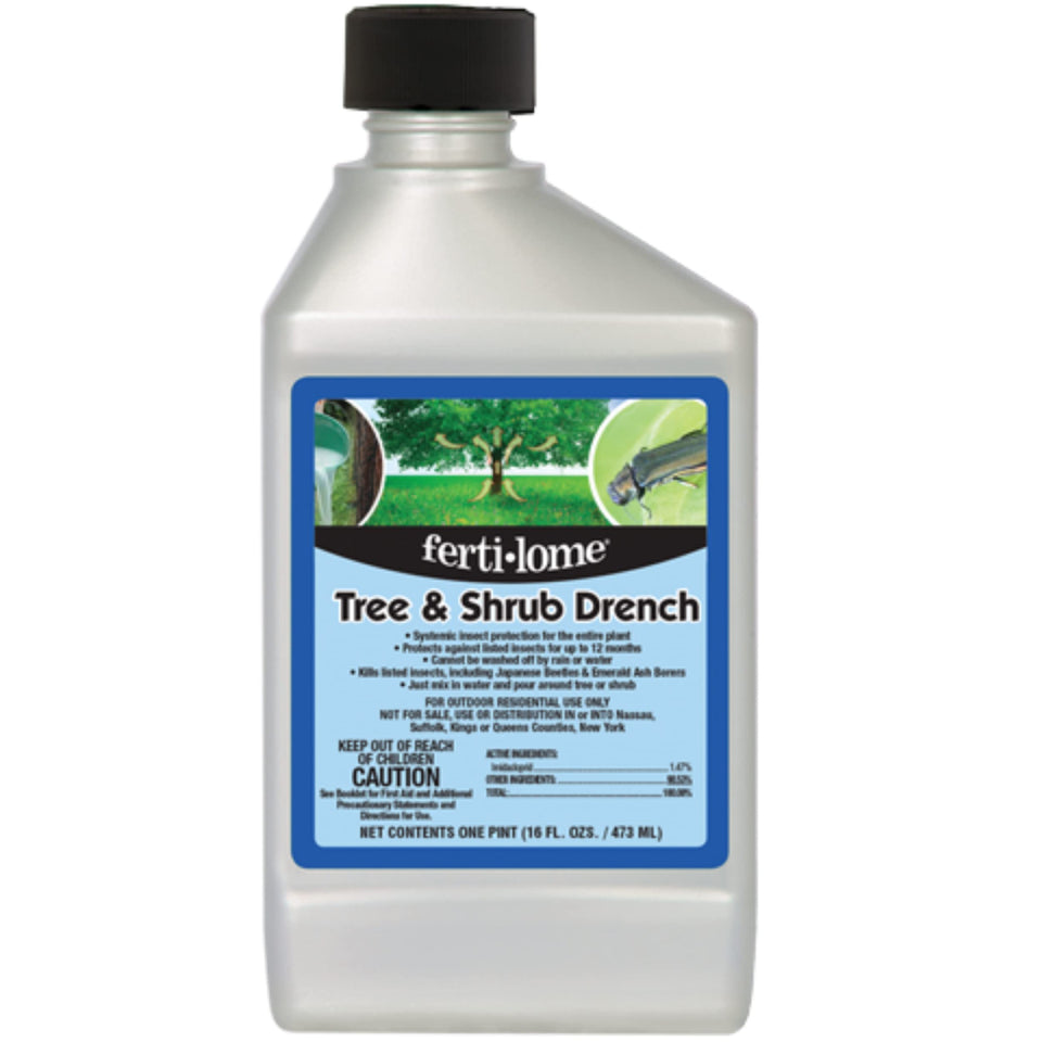 Ferti-lome tree-shrub-drench bottle shown for protecting outdoor trees and shrubs.