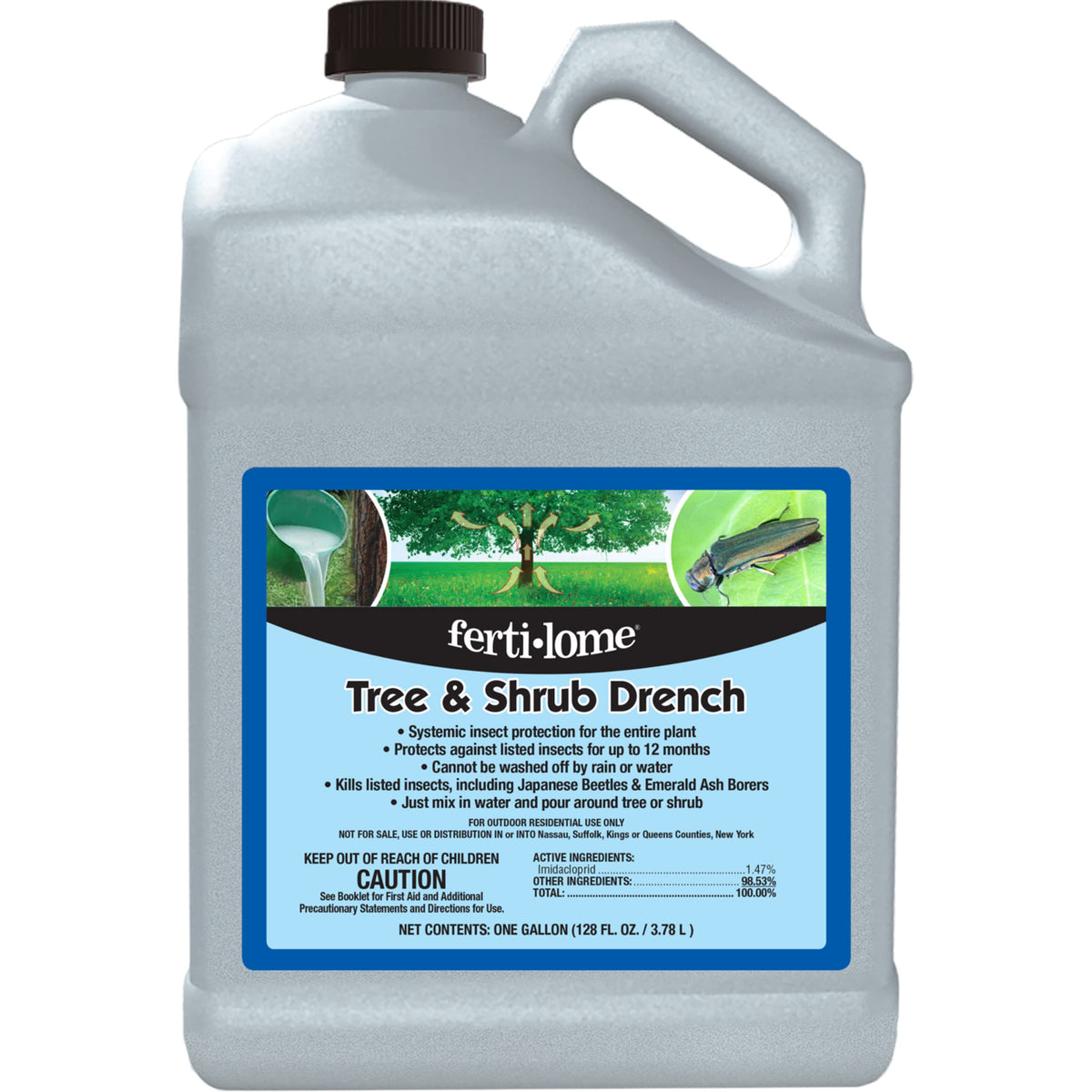 Ferti-lome Tree & Shrub Drench bottle for outdoor tree protection and root uptake.