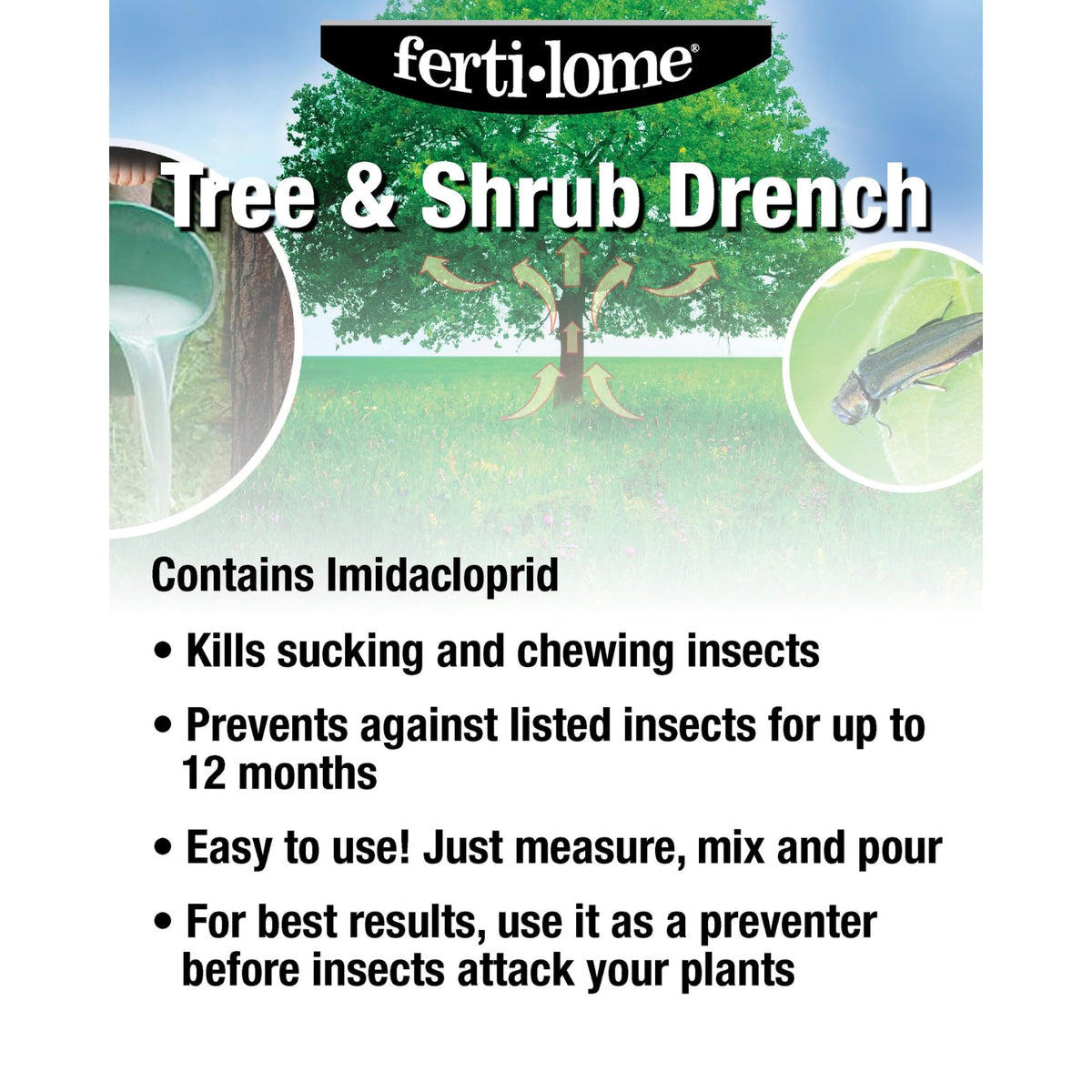 Outdoor residential use with one annual application guidance for Ferti-lome Tree & Shrub Drench.