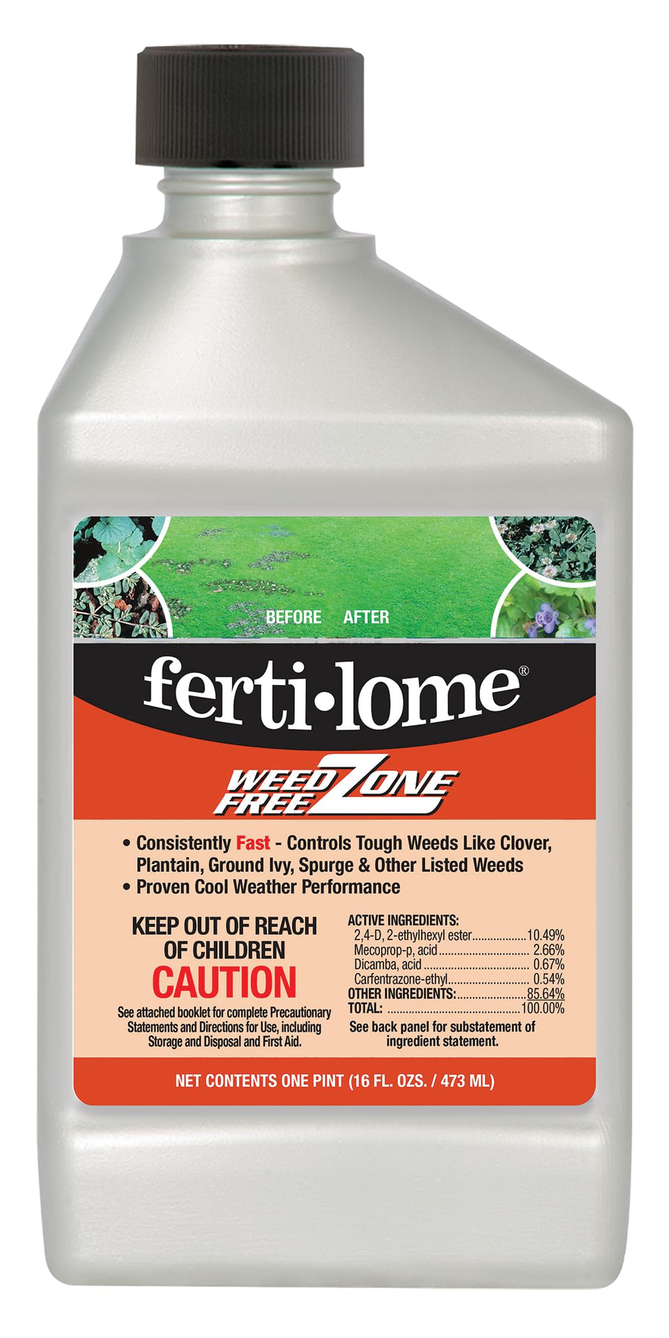 Ferti-Lome Weed Free Zone 16oz bottle for rapid lawn weed control.