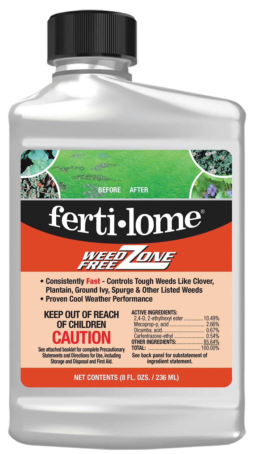 Ferti-lome Weed Free Zone 8 oz bottle front, ready-to-use broadleaf weed control for lawns.