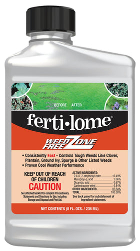Ferti-lome Weed Free Zone 8 oz bottle front, ready-to-use broadleaf weed control for lawns.