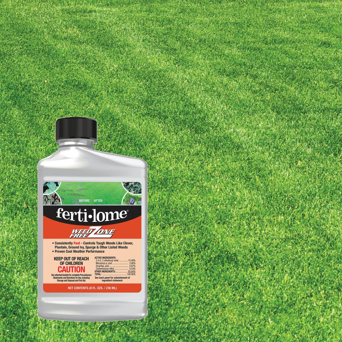 Ferti-lome Weed Free Zone application bottle demonstrating mixing for lawn weed treatment.